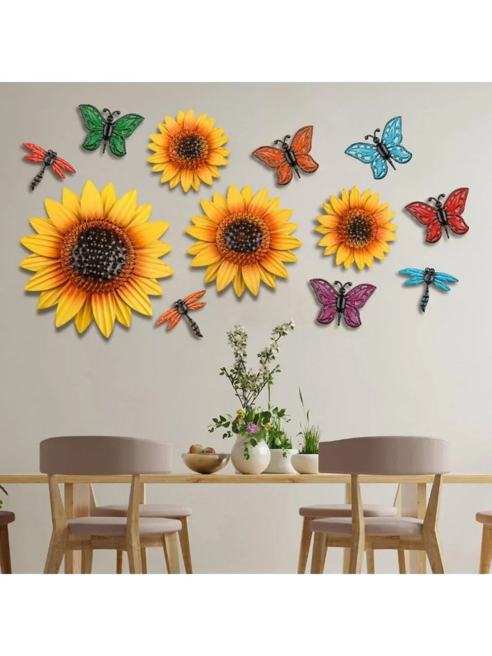 Colorful Metal Sunflower Wall Decor Set - 12 Pcs with Dragonfly & Butterfly Art
